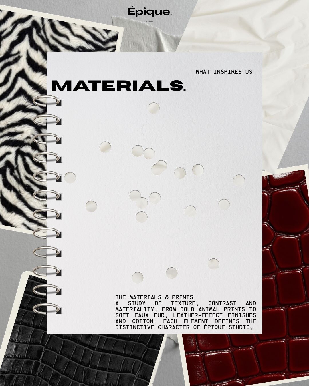 Planche des matières : zèbre, cuir verni, fausse fourrure